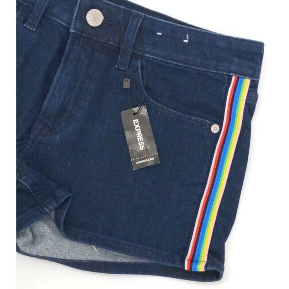 Express Jean Shorts Womens 2 Denim Shortie Rainbow Stripe Blue New - Picture 3 of 7